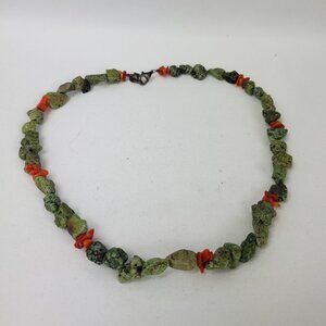 Turquoise Matte Stones & Red Bamboo Coral Chips Strand Necklace